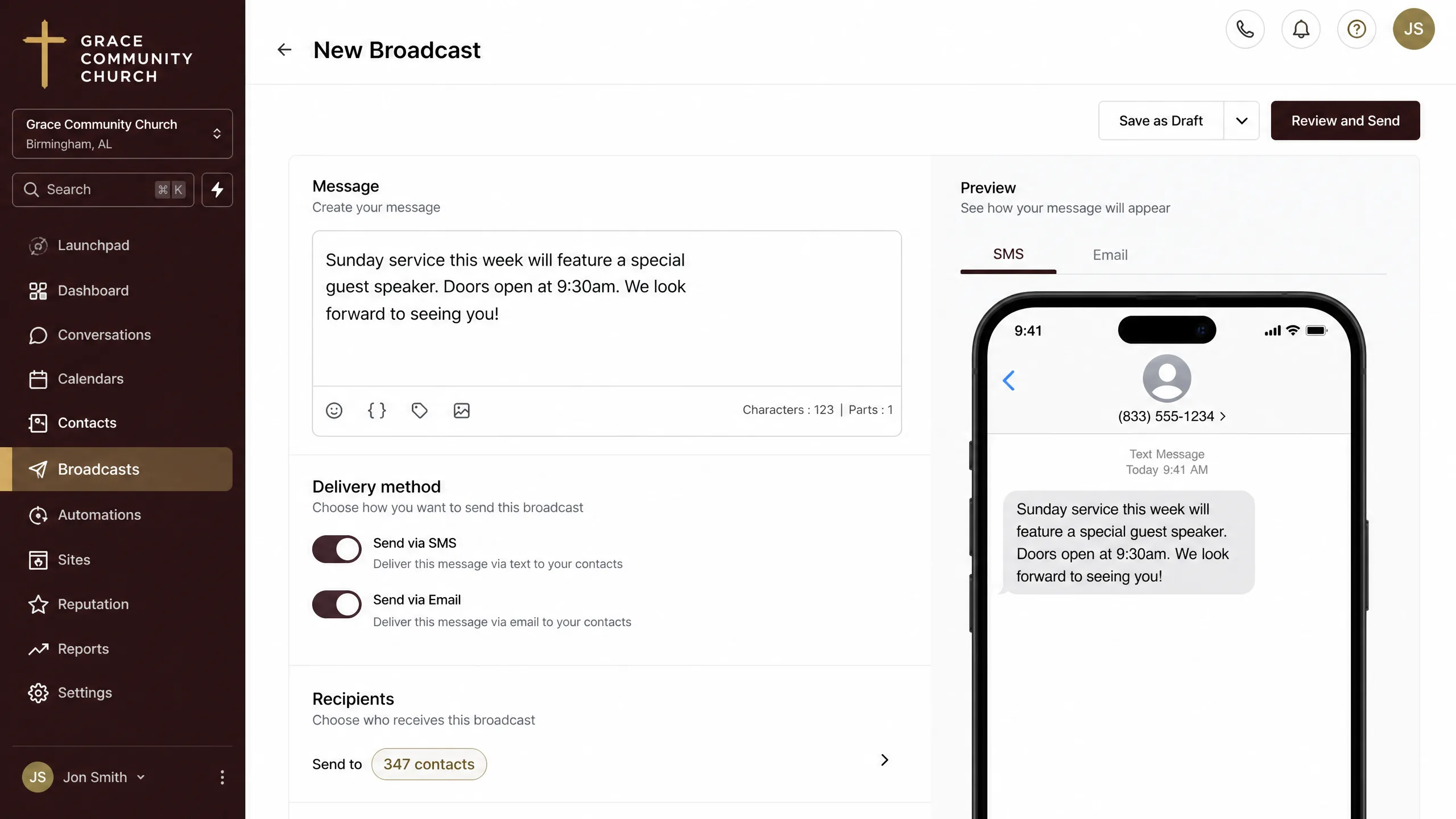 HighLevel broadcast dashboard for ministries