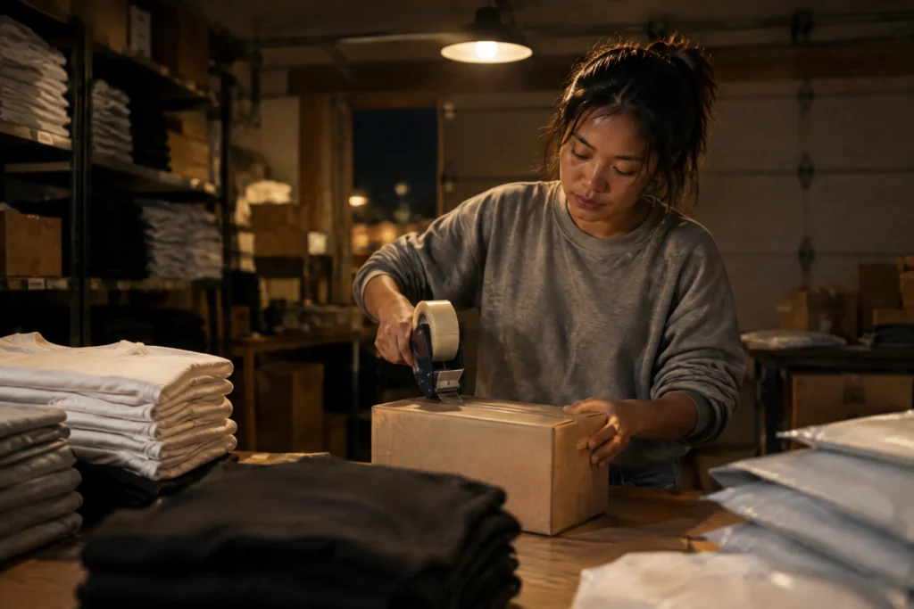 A young Christian apparel brand founder packing orders alone in her garage studio at night