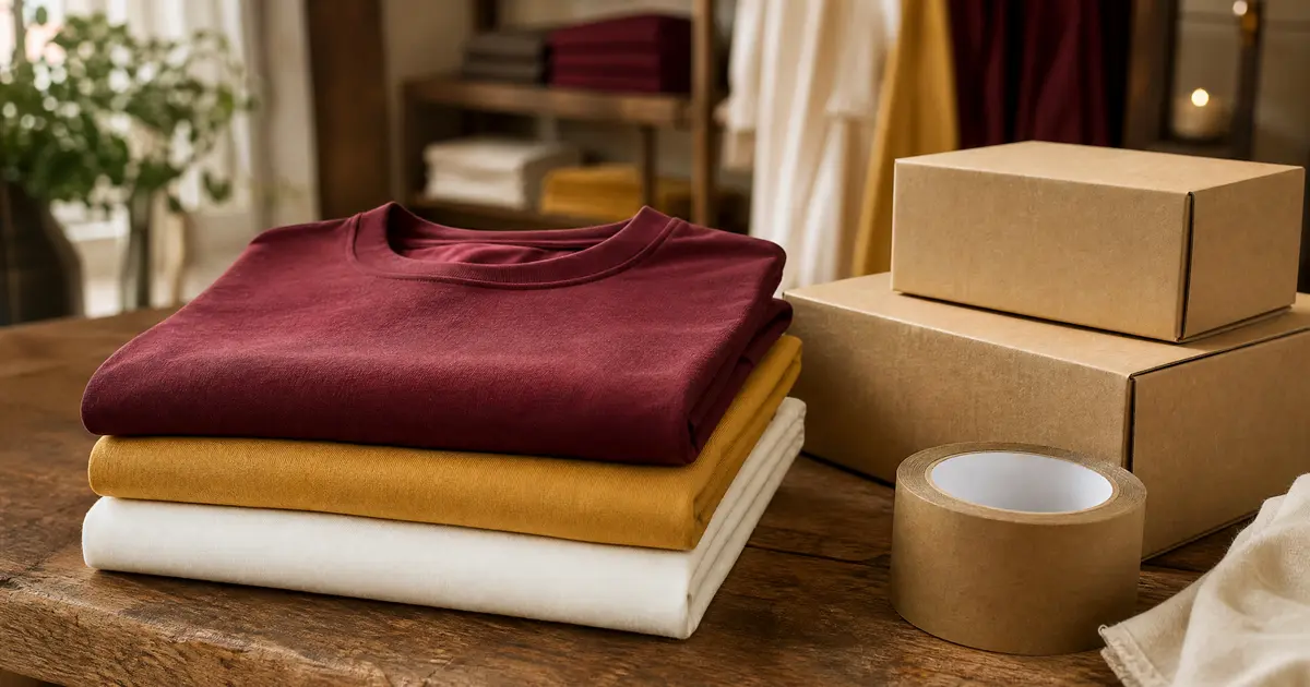 Neatly folded plain cotton tees on a wooden shop table beside a small stack of packing boxes and a roll of kraft tape