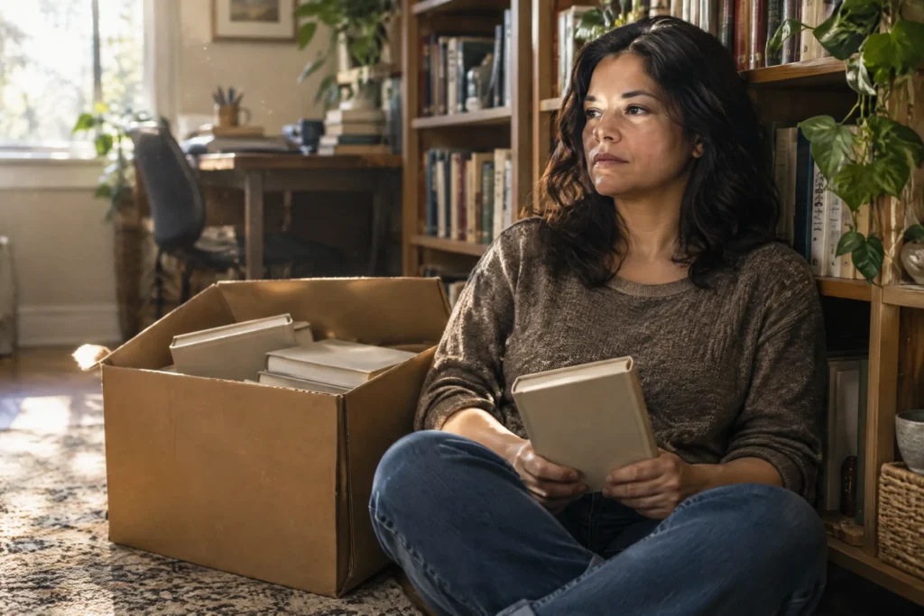 A Christian author sitting with a stack of her own books the week after launch