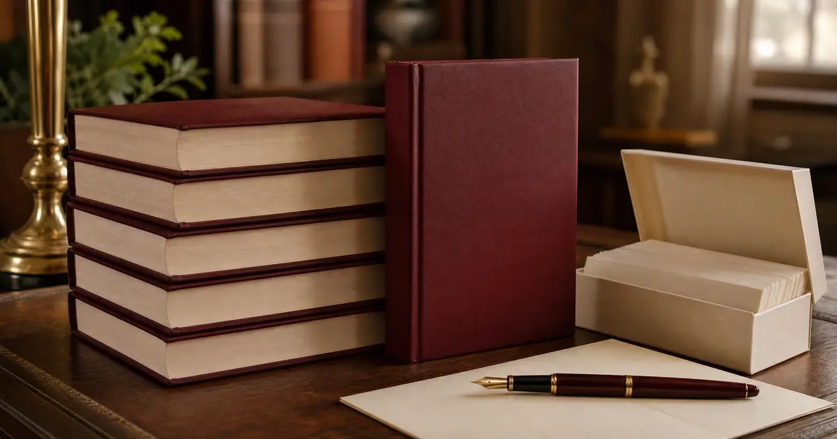A stack of newly printed blank hardback books beside a fountain pen and a small box of mailing envelopes