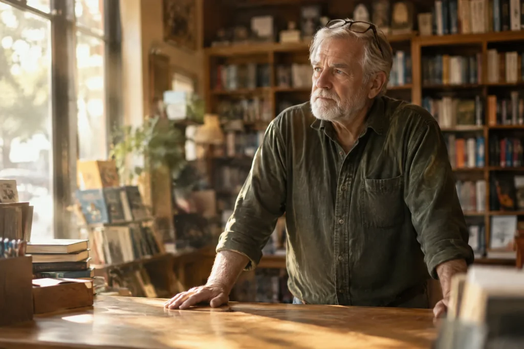 A longtime Christian bookstore owner behind his counter, weighing a new source of revenue