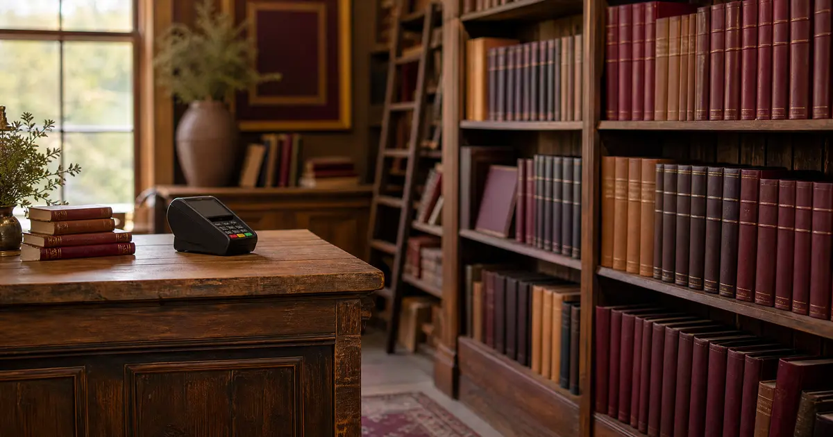 A warm independent bookshop interior with shelves of leather-bound books and a small wooden counter with a card reader