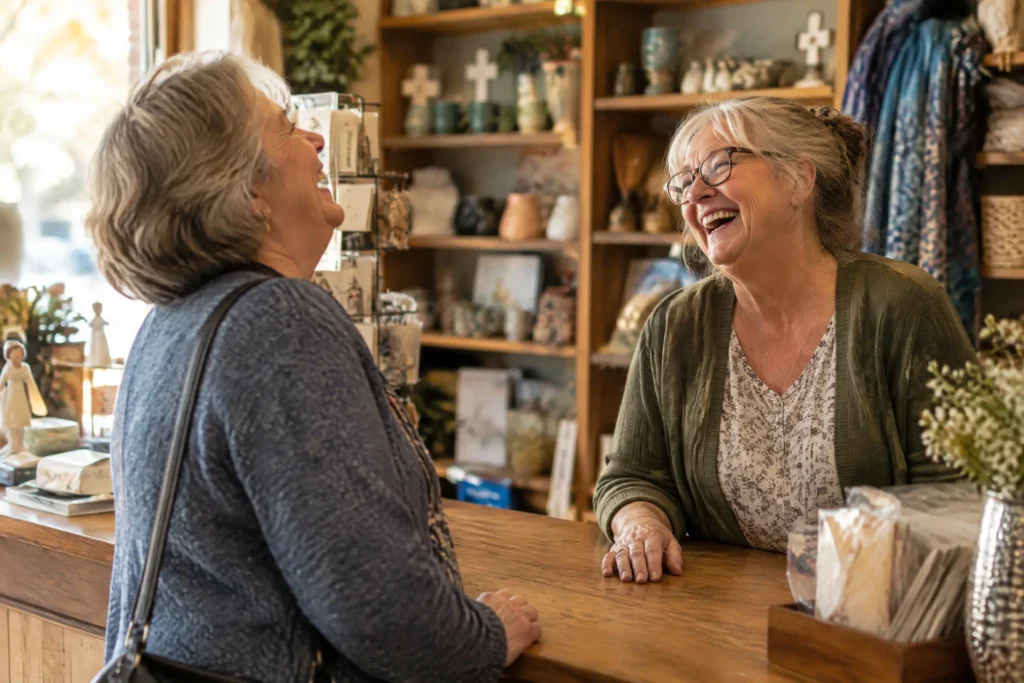 A Christian gift shop owner and a regular customer laughing together over the counter