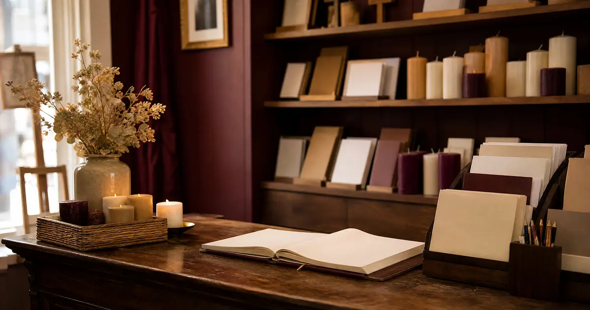 A small gift shop counter with shelves of candles and blank cards behind it, plus an open blank receipt book