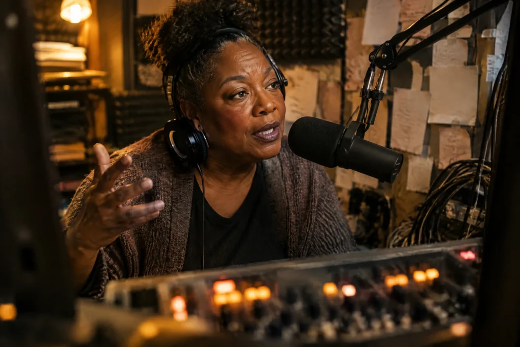 A Christian radio station host mid-broadcast in a cramped booth
