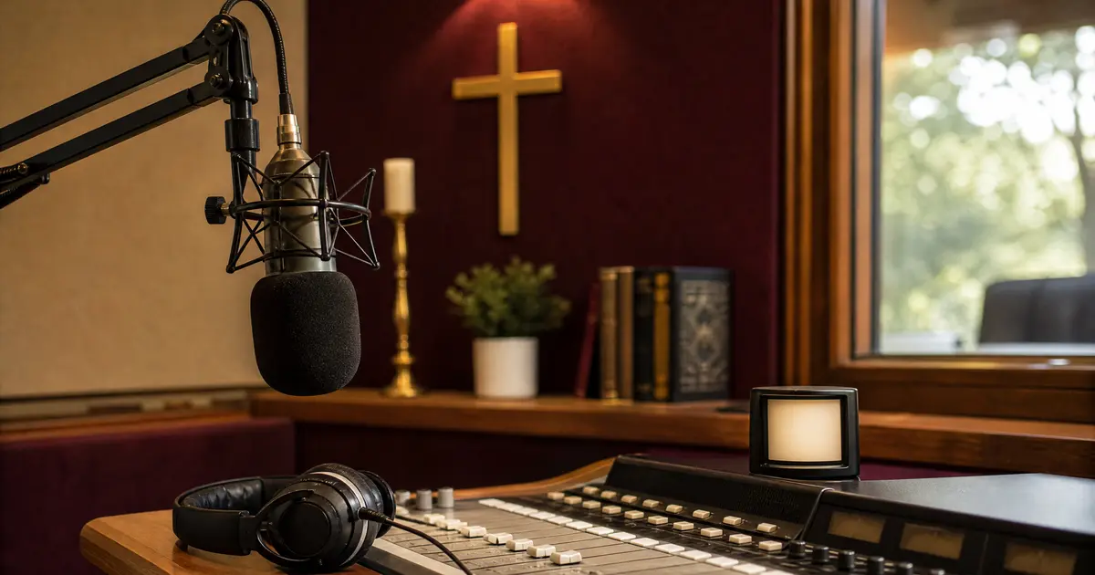 A small radio broadcast booth with microphone on a boom arm, headphones, mixing desk faders and an unlit blank indicator light