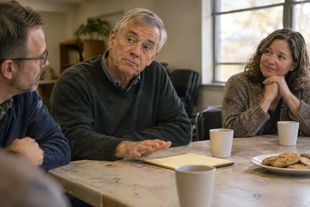 A church board member changing his mind during a discussion of church fundraising ideas around a folding table
