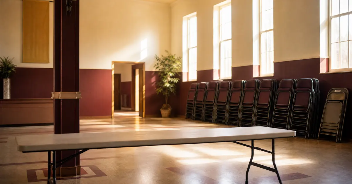 A church fellowship hall after an event with stacked folding chairs, a cleared trestle table and late afternoon light through high windows