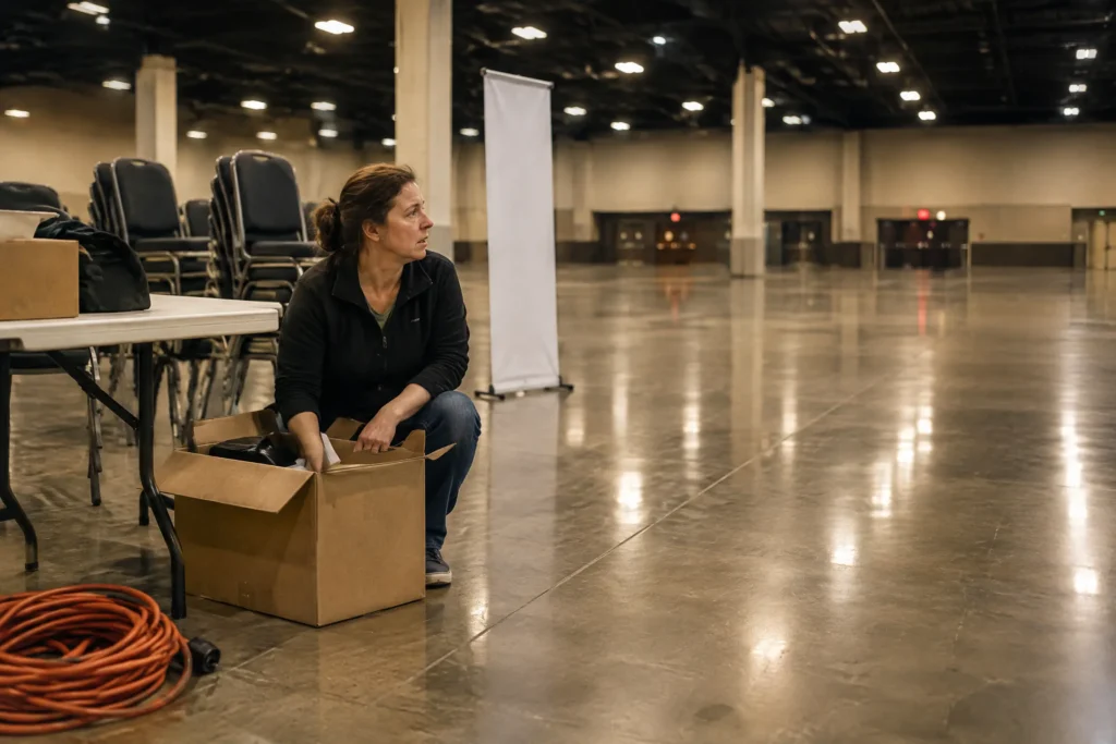 A Christian conference vendor packing up her table alone in an emptying hall