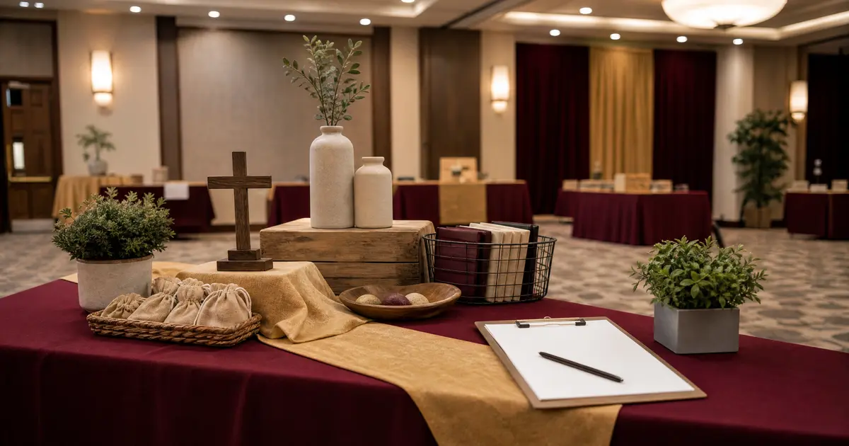 A tidy conference vendor table with a cloth cover, a small unbranded product display and a blank sign-up clipboard under hall lights