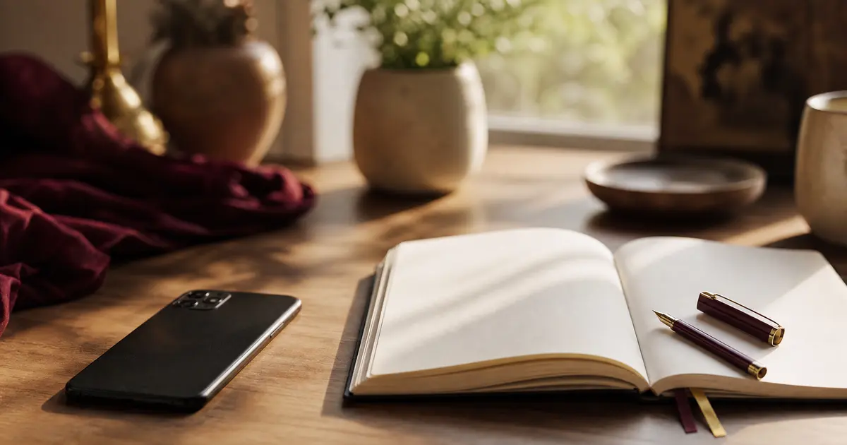 A phone face-down on a desk beside an open blank notebook and pen in morning light