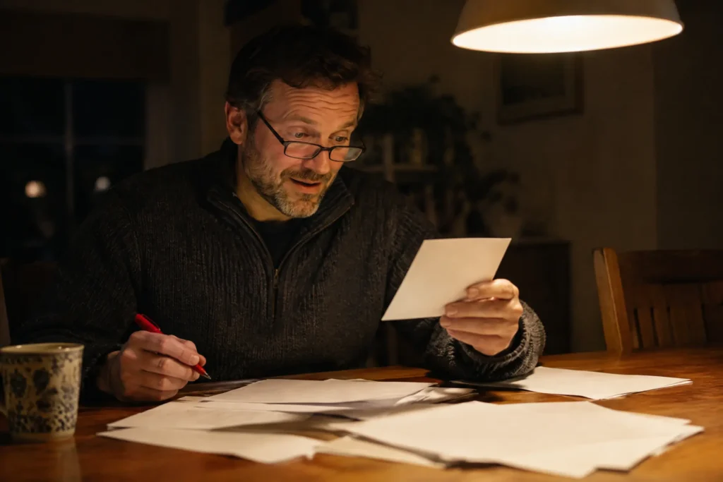 A faith newsletter editor at a dining table surrounded by printed pages, reading a reader's reply