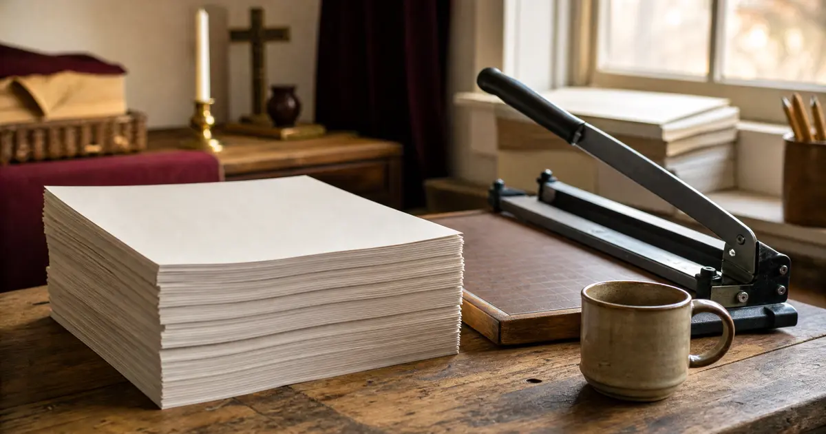 A stack of blank community newsletter sheets beside a guillotine trimmer and a mug on a workroom bench