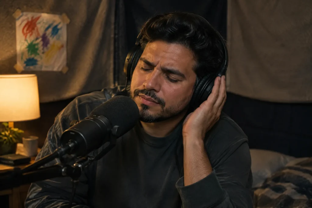 A faith podcast host in a spare bedroom studio, headphones on, listening intently