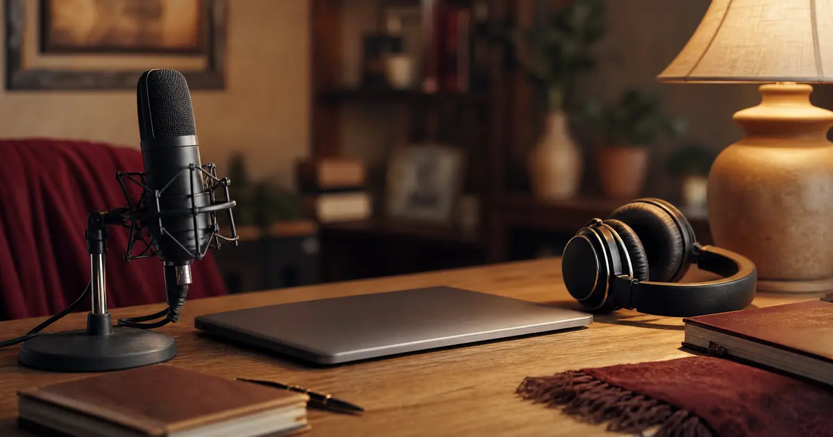 A home podcast setup on a wooden desk with condenser microphone, closed laptop, headphones and warm lamp