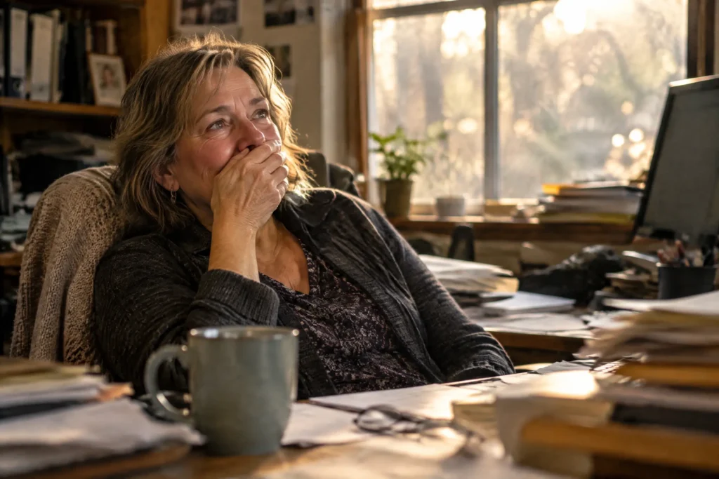 A church administrator at her desk the moment she realizes the ministry has qualified for free CRM software