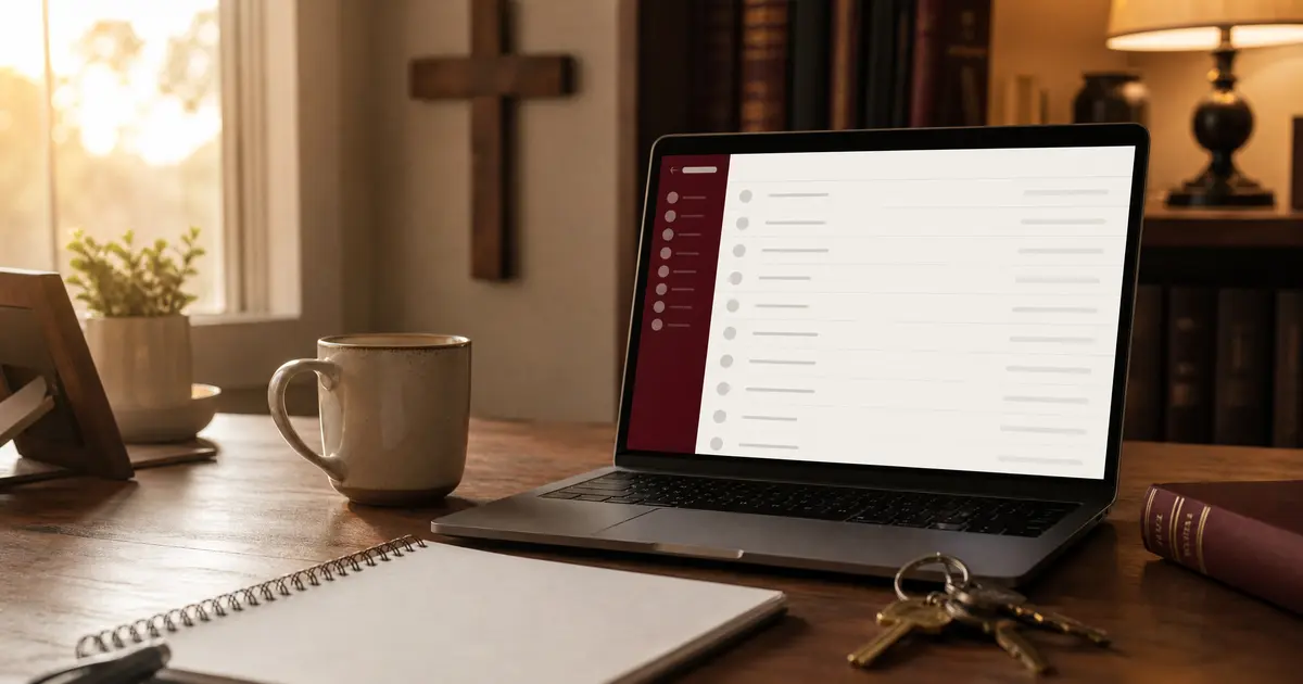 A small church office desk at golden hour with an open laptop, coffee mug, spiral notebook and set of keys