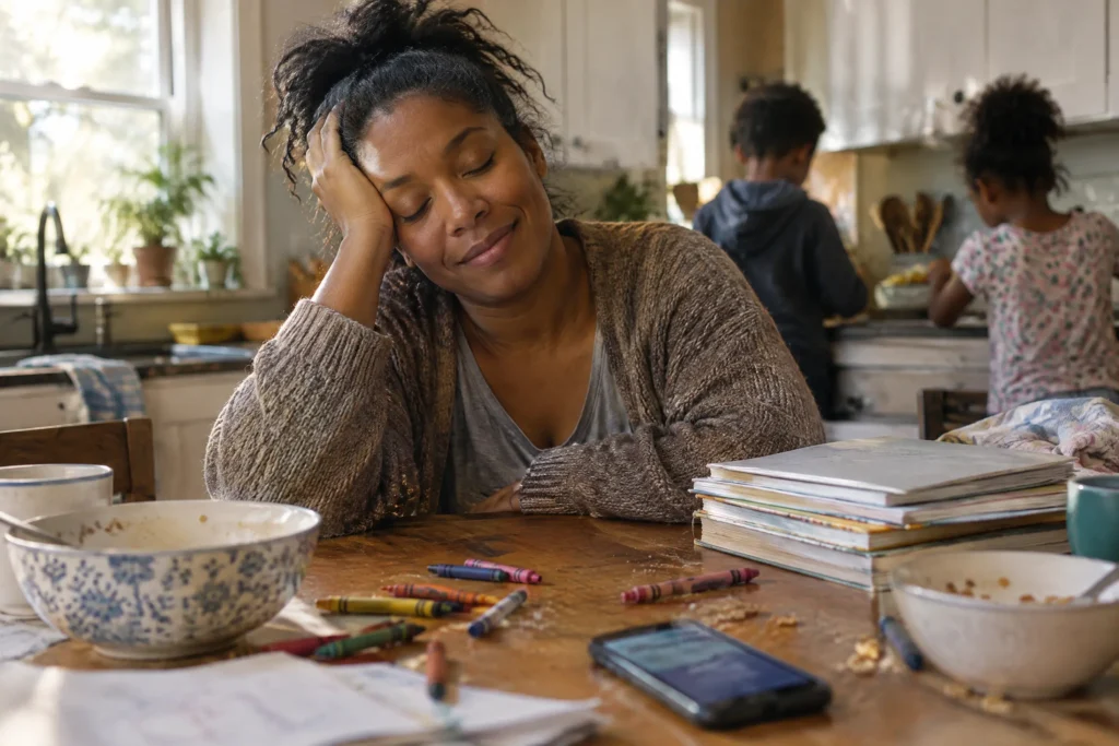 A parent at a kitchen table planning a semester of classes and the family schedule