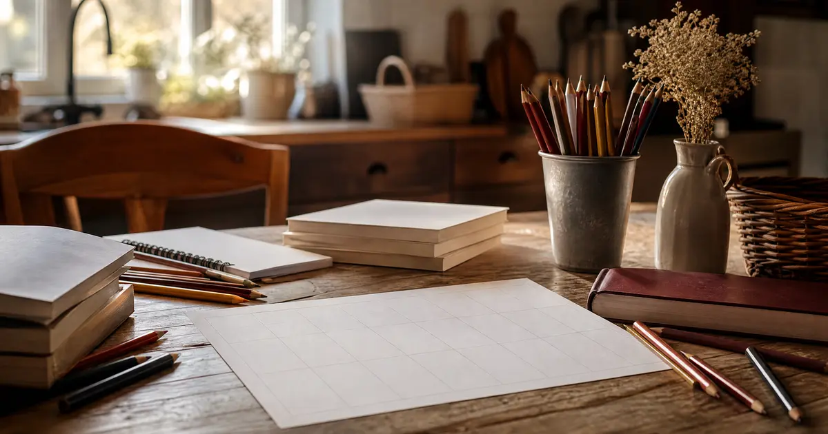 A kitchen table covered with unmarked workbooks, coloured pencils and a blank planning grid in mid-morning light