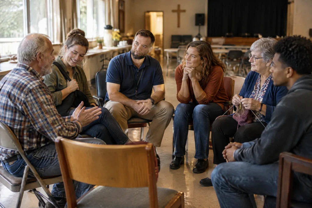 Six ministry leaders of different kinds sitting together in a circle during a break at a ministry CRM software training day
