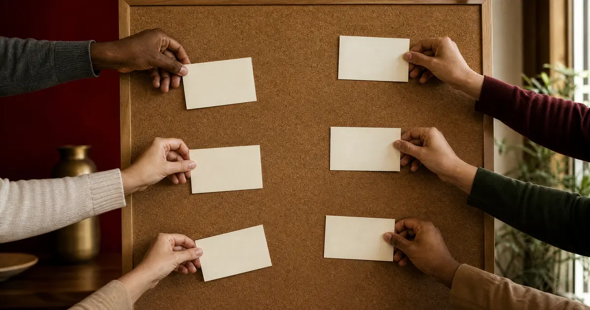 Six different hands placing blank index cards onto a shared corkboard, suggesting ministries organising around one system