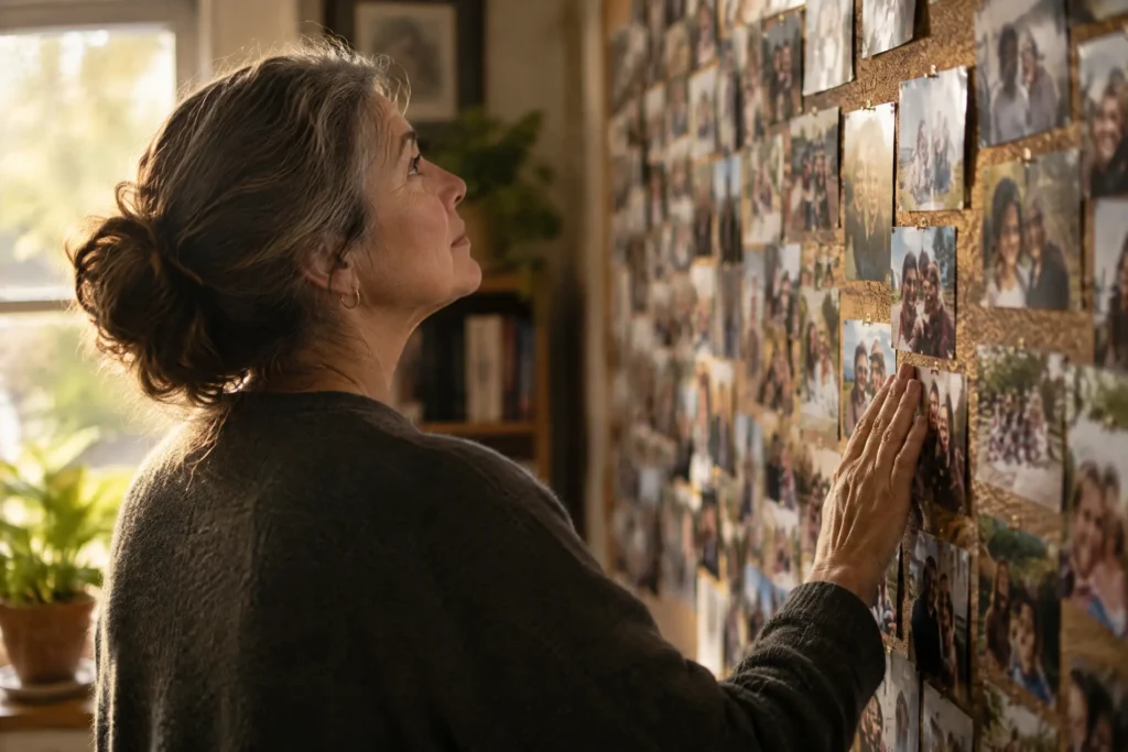 A missions director looking at a wall of supporter photographs
