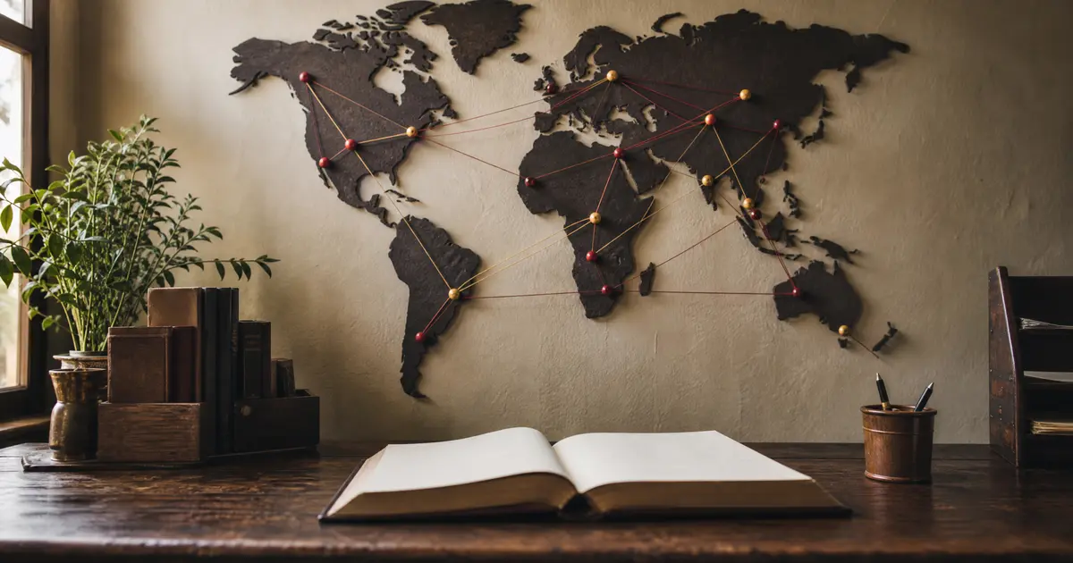An unlabelled world map silhouette with coloured pins and string above an open blank ledger