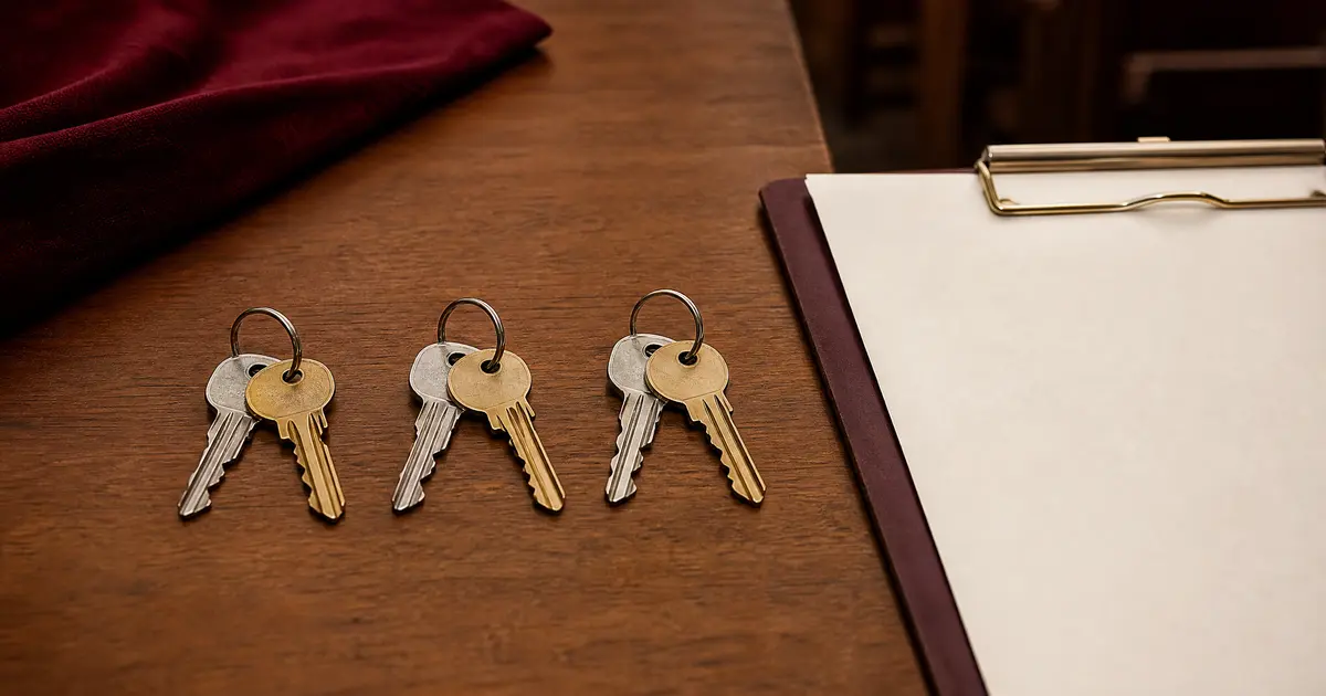 Three matching sets of building keys laid in a row on a wooden table beside one shared blank clipboard