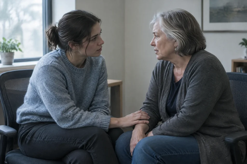 Two nonprofit volunteers talking quietly in a small center office