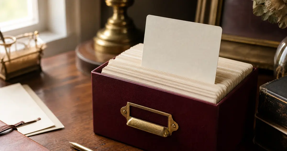 An open card-index box of blank donor cards on a desk, with one card lifted slightly in soft window light