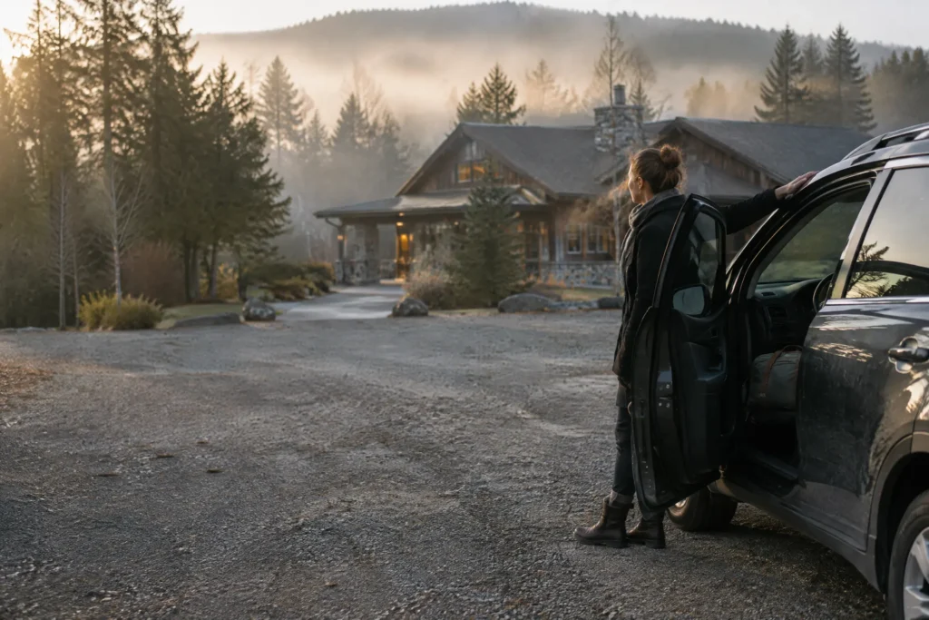 A retreat guest pausing at her car door on the last morning of the retreat
