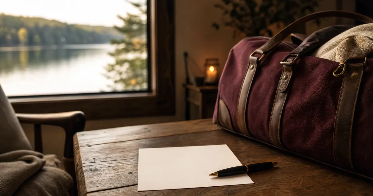 A blank note card and pen on a rustic table beside a packed weekend bag with a lake visible through a window