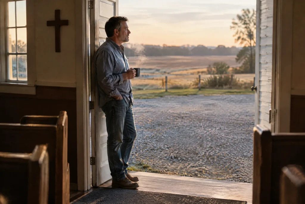 A rural church ministry pastor standing in the doorway of his small country church early in the morning