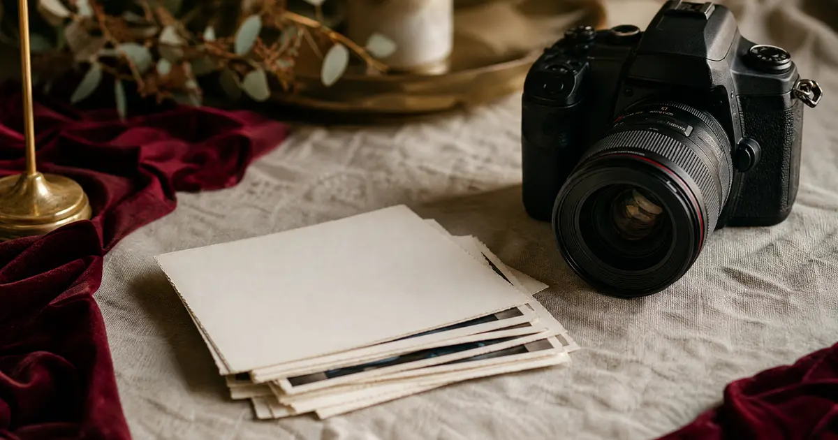 A photographer’s camera and a small stack of face-down wedding prints on a linen-covered table
