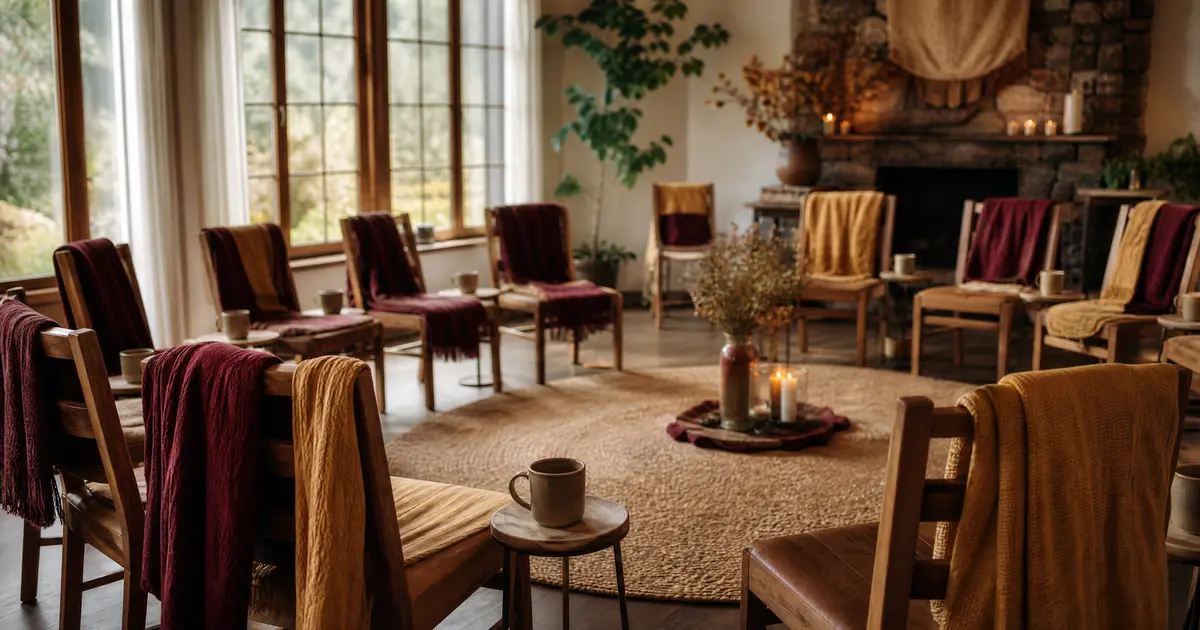 A circle of empty wooden chairs in a bright retreat room with blankets draped over the backs and mugs on side tables